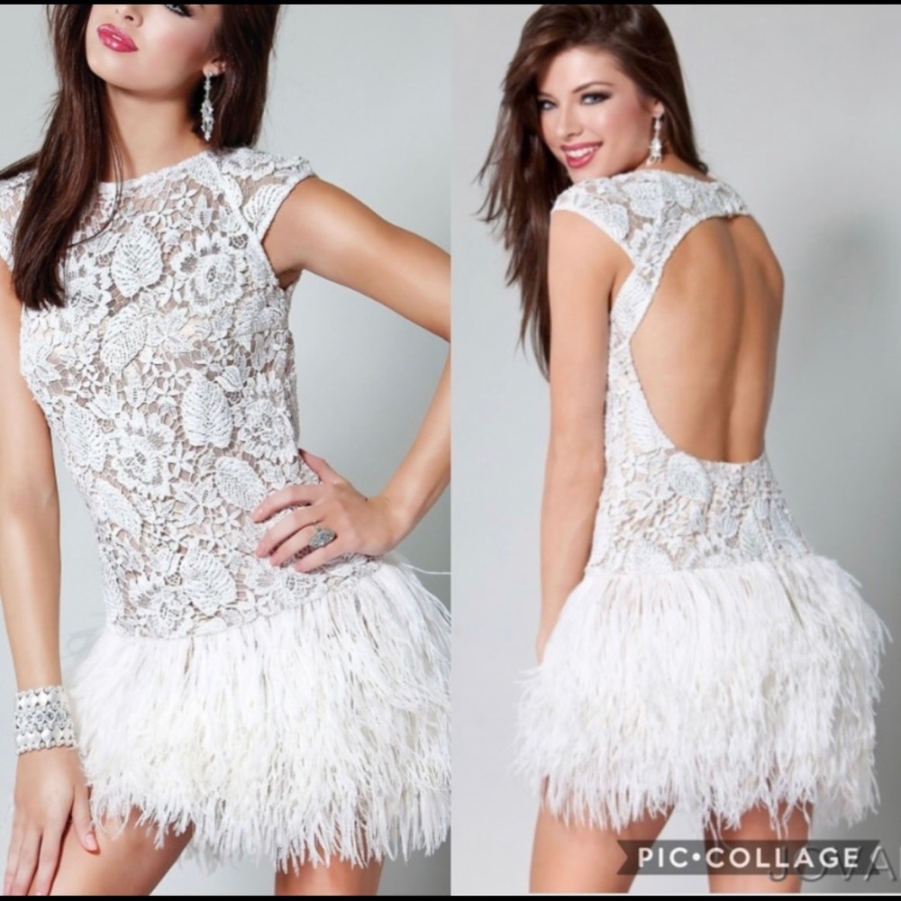 Jovani Lace and Ostrich Feather Dress prom party